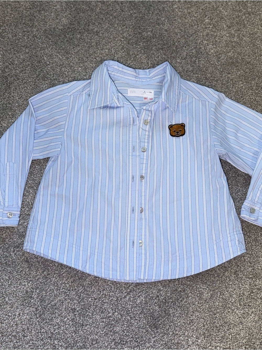 Zara Light Blue & White Striped Button-Down Shirt with Bear Patch